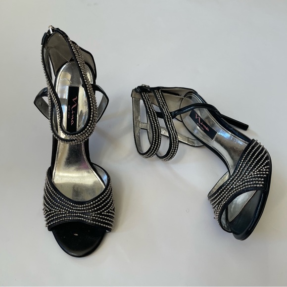 Black Rhinestone Embellished Open-toe Strappy Stiletto Heels - Picture 7 of 13